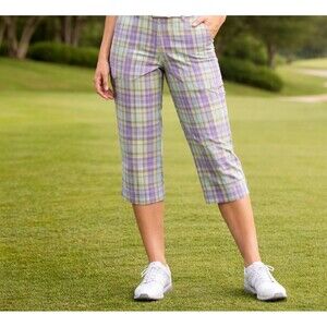 Liz Golf Audra Capris Pants Women's Size 14 Lavender Plaid Snap Pocket Stretch